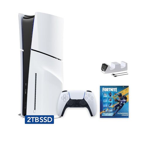 PlayStation 5 Slim Upgraded 2TB Disc Edition Fortnite Flowering Chaos Bundle and Mytrix Controller Charger - White, Slim PS5 2TB PCIe SSD Gaming Console (Renewed) in Saudi Arabia
