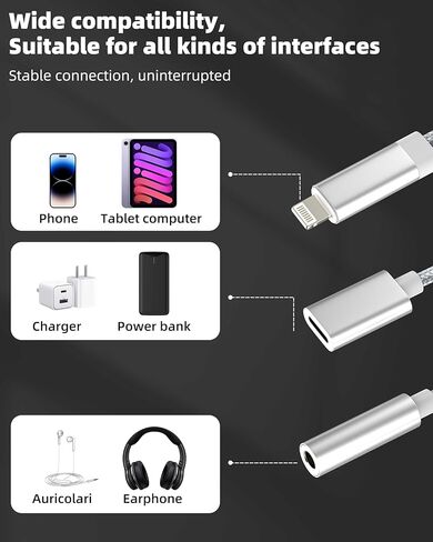 مقبس سماعة رأس لايتنينج إلى 3.5 ملم لمحول iPhone Aux لـ 14 13 Pro Max (2in1) لسماعات Apple Audio Charger Splitter Dongle Stereo Double Earbuds Mfi Car for Ipad Cable Plug Charging Adaptador in Saudi Arabia