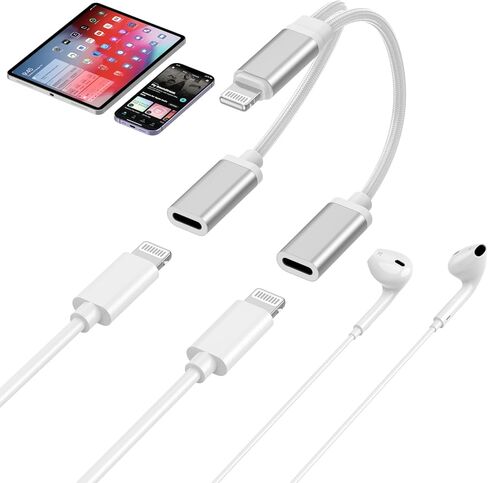 جهاز iPhone Splitter للشحن السريع وسماعات الرأس، 2 في 1 سماعة رأس لايتنينج إلى لايتنينج + كابل دونجل للهاتف ومحول صوت Aux لأجهزة Apple iPhone 14/13/Pro/12/11/8/7/6/iPad للاتصال بالهاتف in Saudi Arabia
