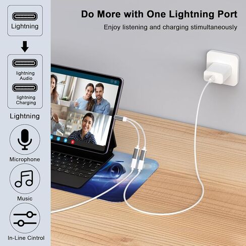جهاز iPhone Splitter للشحن السريع وسماعات الرأس، 2 في 1 سماعة رأس لايتنينج إلى لايتنينج + كابل دونجل للهاتف ومحول صوت Aux لأجهزة Apple iPhone 14/13/Pro/12/11/8/7/6/iPad للاتصال بالهاتف in Saudi Arabia