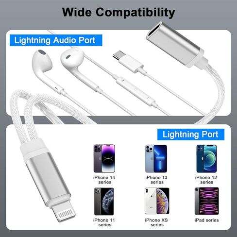 جهاز iPhone Splitter للشحن السريع وسماعات الرأس، 2 في 1 سماعة رأس لايتنينج إلى لايتنينج + كابل دونجل للهاتف ومحول صوت Aux لأجهزة Apple iPhone 14/13/Pro/12/11/8/7/6/iPad للاتصال بالهاتف in Saudi Arabia
