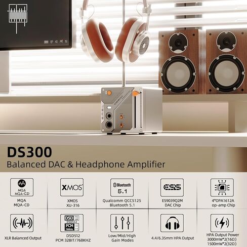 SMSL DS300 مضخم سماعة الرأس DAC المتوازن 3000 ميجا واط × 2 قوة ES9039Q2M مكبر صوت سماعة الرأس 6.35 مم / 4.4 مم XLR / RCA مخرج XU316 32 بت / 768 كيلو هرتز DSD512 للصوت المنزلي / الكمبيوتر الشخصي مع USB / بصري / محوري / بلوتوث in Kuwait