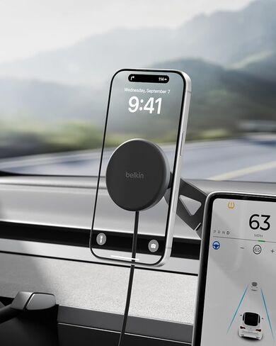 Belkin Tesla Phone Mount, Magnetic Wireless Car Mount for EV (Strong Magnet) w/ 3.3ft USB C Cable, Qi2 MagSafe Compatible Fast Charging for iPhone 17/16/15, Model 3, Model Y, etc. - Tesla Accessories in Saudi Arabia