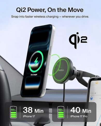 Belkin Tesla Phone Mount, Magnetic Wireless Car Mount for EV (Strong Magnet) w/ 3.3ft USB C Cable, Qi2 MagSafe Compatible Fast Charging for iPhone 17/16/15, Model 3, Model Y, etc. - Tesla Accessories in Saudi Arabia