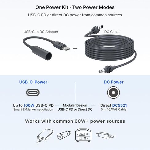 Starlink Mini Cable Kit, 16.4 FT/5M 16AWG DC Power Cable with 100W USB-C PD to DC5521 Adapter, Reverse-Feed Protection, Weather-Resistant in Saudi Arabia