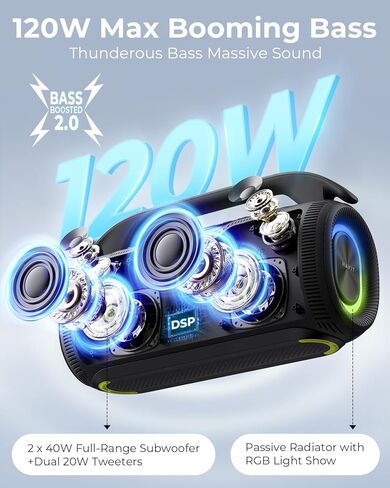 havit 120W Loud Bluetooth Speaker with Deep Bass, IPX6 Waterproof Outdoor Party Speaker, RGB Lights, 12H Playtime, TWS Pairing, Portable Speaker for Beach, Camping, Backyard in Kuwait