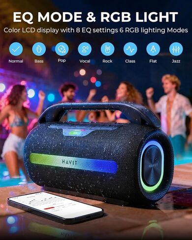 havit 120W Loud Bluetooth Speaker with Deep Bass, IPX6 Waterproof Outdoor Party Speaker, RGB Lights, 12H Playtime, TWS Pairing, Portable Speaker for Beach, Camping, Backyard in Kuwait
