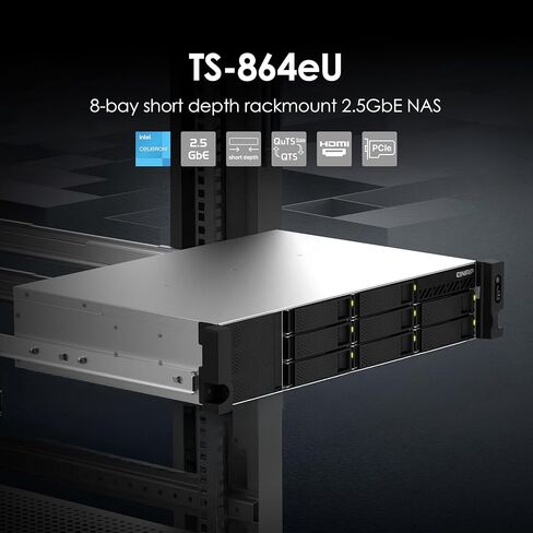 QNAP TS-864eU-8G-US 8 Bay عالي السرعة وقصير العمق على حامل NAS مع ثنائي 2.5 جيجا بايت، وحدة المعالجة المركزية Intel Celeron، ذاكرة DDR4 8 جيجا بايت واتصال شبكة 2.5 جيجا بايت (2.5 جيجا بايت/1 جيجا/100 متر) (بدون قرص) in Saudi Arabia