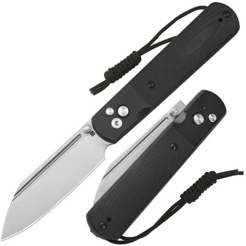سكين جيب قابل للطي من ARTISANCUTLERY Holm، سكين EDC مع فولاذ AR-RPM9 مقاس 3.10 بوصة، ومقبض من فولاذ PVD الأسود وترصيع G10، وقفل زر مع مفتاح أمان للتخييم والبقاء في الهواء الطلق، 1875P أسود in Kuwait