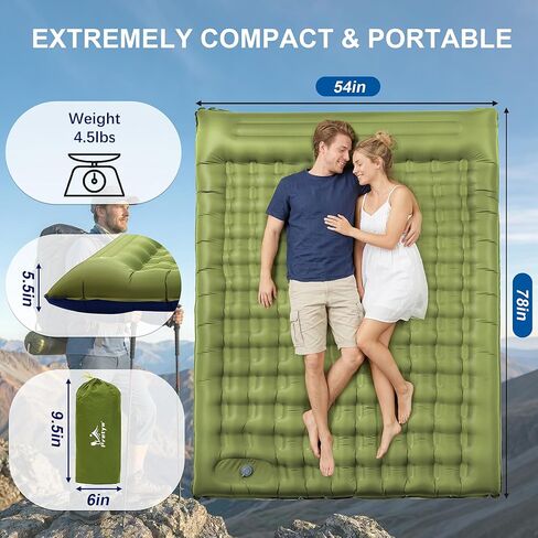 Double Sleeping Pad for Camping - 5.5" Ultra-Thick Camping Mattress with Pillow, Built-in Foot Pump, Compact 2-Person Portable Camping Mat for Backpacking, Hiking, Car Traveling, Beach, Tent in Saudi Arabia