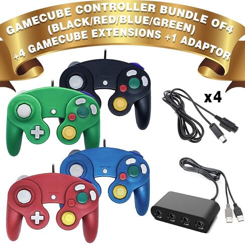 4 قطع من وحدات تحكم Gamecube السلكية مع محول USB 4 منافذ ومجموعة أسلاك تمديد 4 قطع لمكعب الألعاب، والتبديل، وWII، ووحدة تحكم Wii U، والكمبيوتر الشخصي (أحمر أزرق أخضر أسود) in Saudi Arabia
