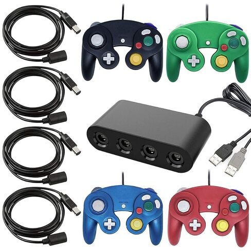 4 قطع من وحدات تحكم Gamecube السلكية مع محول USB 4 منافذ ومجموعة أسلاك تمديد 4 قطع لمكعب الألعاب، والتبديل، وWII، ووحدة تحكم Wii U، والكمبيوتر الشخصي (أحمر أزرق أخضر أسود) in Saudi Arabia