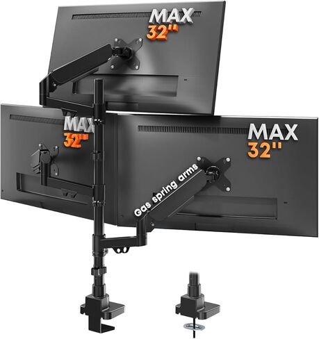 Triple Monitor Mount for up to 32-inch Screens – Heavy Duty Ultrawide Stand with Fully Adjustable, 9kg Gas Spring Arm (Each), VESA 75×75/100×100 mm, Black in Saudi Arabia
