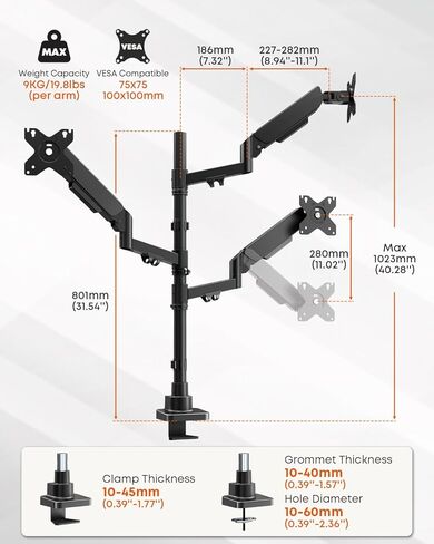 Triple Monitor Mount for up to 32-inch Screens – Heavy Duty Ultrawide Stand with Fully Adjustable, 9kg Gas Spring Arm (Each), VESA 75×75/100×100 mm, Black in Saudi Arabia