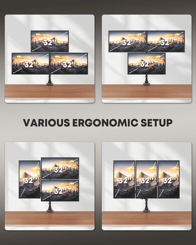 Triple Monitor Mount for up to 32-inch Screens – Heavy Duty Ultrawide Stand with Fully Adjustable, 9kg Gas Spring Arm (Each), VESA 75×75/100×100 mm, Black in Saudi Arabia