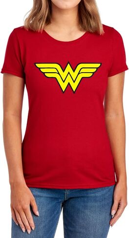 PopFunk Classic Wonder Woman Logo Womens Premium Cotton Short Sleeve Graphic T-Shirt & Stickers (Medium) Red in Saudi Arabia