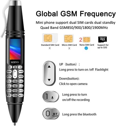قلم هاتف محمول صغير مزود بتقنية البلوتوث بشاشة صغيرة 0.96 بوصة يدعم الهاتف المحمول GSM ثنائي الشريحة بحد أقصى 32 جيجا TF مع كاميرا ومصباح يدوي ومشغل موسيقى وراديو قابل لإعادة الشحن (أسود) in Kuwait