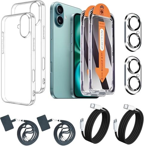 2 Pack for iPhone 16 Case with Screen Protector + Camera Lens Protector+USB c to c Cable + Neck and Shoulder Strap, Clear Soft TPU Shockproof Protective Cover for Women Girls Phone Case 6.1" in Saudi Arabia