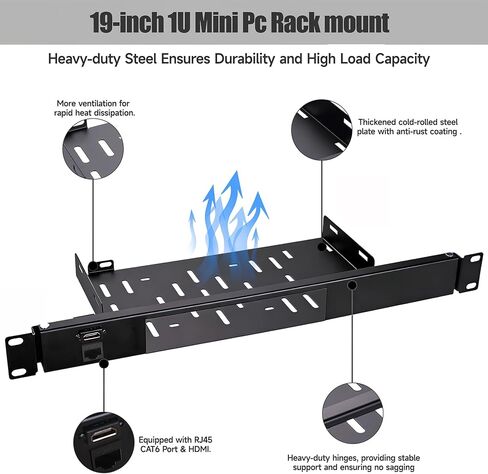 حامل حامل 1U مقاس 19 بوصة لجهاز Dell OptiPlex Micro Form Factor Case رف خادم مفصلي شديد التحمل مع منفذ RJ45 CAT6 ومنفذ HDMI حامل صغير للكمبيوتر الشخصي لخزانة أو رف مقاس 19 بوصة in Kuwait