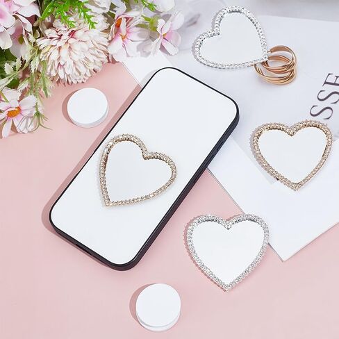 CREATCABIN 4Pcs 2 Colors Heart Phone Case Mirror Cellphone Mirror Stick On Glass Adhesive Bling Love Hearts Makeup Decal with Gold Silver Zinc Alloy Frame for Smartphone Charm Back 2.3 x Inch in Saudi Arabia