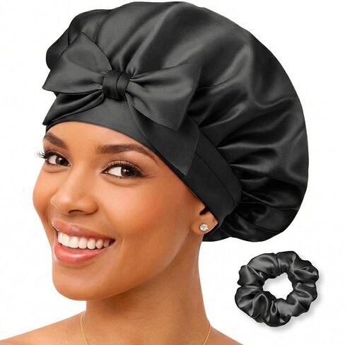 Silk Bonnet 100% Mulberry Silk Sleep Cap Breathable & Adjustable Sleeping Caps Silk Hair Wrap Women Night Cap for Curly Hair (Black) in Saudi Arabia