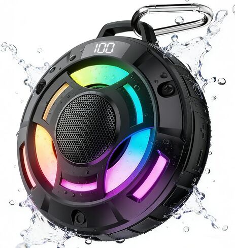 مكبر صوت بلوتوث محمول BassBloom Room 1، مكبر صوت مقاوم للماء IPX7 مع صوت قوي 12 وات، وقت تشغيل 15 ساعة، شاشة طاقة LED، أضواء RGB، لحمام السباحة، الشاطئ، التخييم (أسود) in Kuwait