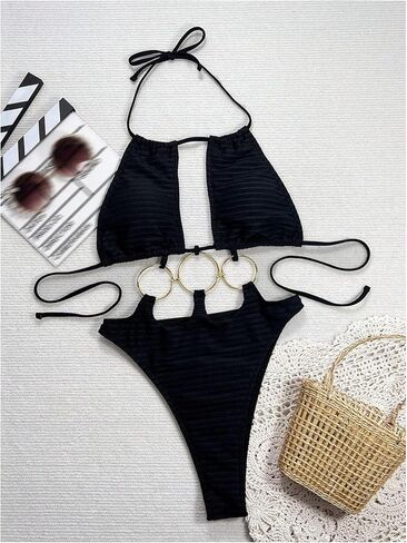 Milumia Women's Ring Linked Cut Out Halter One Piece Swimsuit High Cut Thong Bathing Suits in Saudi Arabia