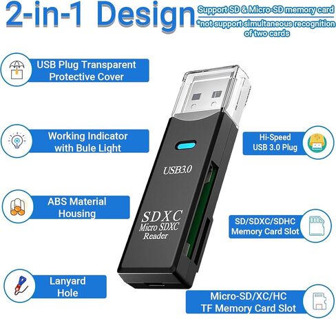 USB3.0 Micro SD Card Reader 5Gbps 2-in-1 USB Adapter for SDXC SDHC MicroSD UHS-I Cards, Compact Transfer for Laptop Camera, Black in Saudi Arabia
