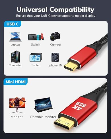 4K USB C to Mini HDMI Cable 2FT, Supports 4K@60Hz, 2K@120Hz, High Speed Type-C to Mini HDMI Uni-Directional Cord, for Steam Deck, ROG Ally, Laptop, MacBook, KYY, ARZOPA, MNN Portable Monitor in Saudi Arabia
