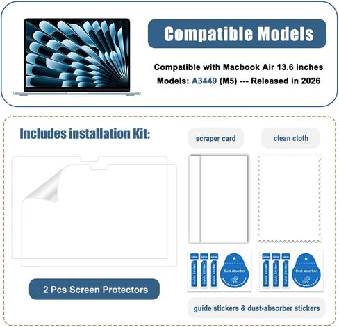 Screen Protector for MacBook Air 13.6" 2026 with M5 Chip A3449 5H PET HD High Definition Anti Scratch Dustproof Protection Accessories (2 Pack) in Saudi Arabia