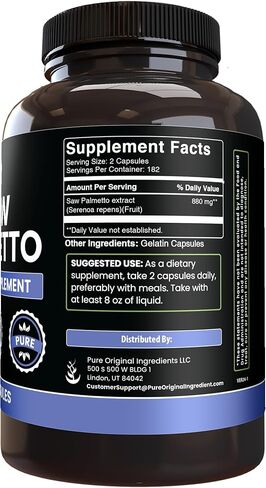 PURE ORIGINAL INGREDIENTS Saw Palmetto (365 Capsules) No Magnesium Or Rice Fillers, Always Pure, Lab Verified in Saudi Arabia