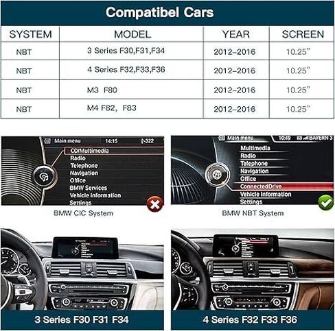 شاشة لمس لاسلكية مقاس 10.25 بوصة CarPlay/Andriod Auto لسلسلة BMW 3/4/M3/M4 موديلات 2012-2016 مع تسميات هيكل نظام NBT: نماذج F30/F31/F34/F32/F33/F36/F80/F82/F83 in Kuwait