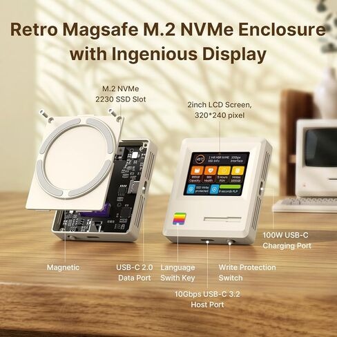 Retro 2230 M.2 NVMe PCIe Magnetic SSD Enclosure: 2" LCD, 8s PLP, 10Gbps USB 3.2 Type-C, Write Protect, 100W PD & USB 2.0. Supports 4K ProRes for iPhone 17/16/15 Pro. Includes 80Gbps Cable in Saudi Arabia