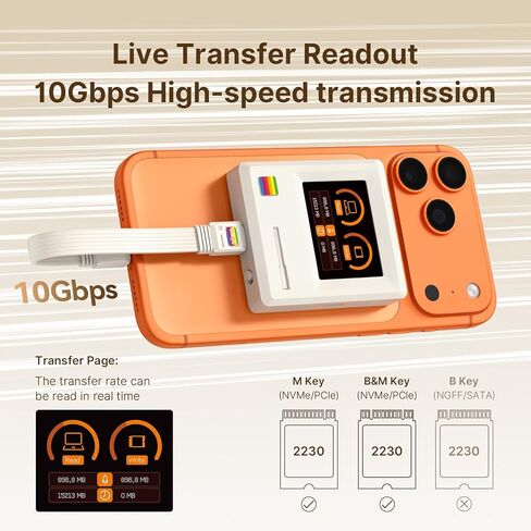 Retro 2230 M.2 NVMe PCIe Magnetic SSD Enclosure: 2" LCD, 8s PLP, 10Gbps USB 3.2 Type-C, Write Protect, 100W PD & USB 2.0. Supports 4K ProRes for iPhone 17/16/15 Pro. Includes 80Gbps Cable in Saudi Arabia