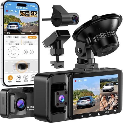 كاميرا داش كام أمامية وخلفية 4K، كاميرا داش 3 قنوات للسيارات مع بطاقة 64 جيجابايت، 5G واي فاي، رؤية ليلية بالأشعة تحت الحمراء، وضع انتظار 24 ساعة، كاميرا داش كام لاسلكية بزاوية واسعة 360 درجة لأوبر/تاكسي in Kuwait