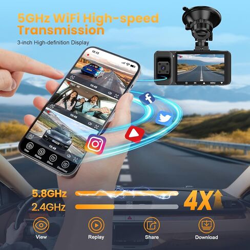 كاميرا داش كام أمامية وخلفية 4K، كاميرا داش 3 قنوات للسيارات مع بطاقة 64 جيجابايت، 5G واي فاي، رؤية ليلية بالأشعة تحت الحمراء، وضع انتظار 24 ساعة، كاميرا داش كام لاسلكية بزاوية واسعة 360 درجة لأوبر/تاكسي in Kuwait