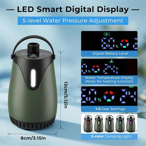 Portable Camping Shower 8000mAh Rechargeable Outdoor Shower with LED Display, IPX8 Waterproof, 4 Spray Modes, 5-Level Water Pressure & Colorful Ambient Light for Camping, Hiking, Beach, Pet Bathing in Saudi Arabia