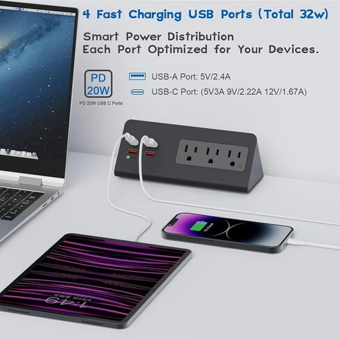شريط طاقة منضدة مع PD 20 وات USB-C، واقي عرام مكتب Haylink مع 3 منافذ تيار متردد و4 منافذ USB، قابس مسطح 2 متر، منفذ طاقة بمشبك سطح المكتب للمكتب، المنزل، الفندق، مسكن، أسود in Saudi Arabia