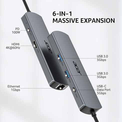 acer 6 in 1 USB C Hub with Ethernet, 4K@60Hz USBC to HDMI Multiport Adapter, 100W PD Charging, USB A/USB C Data Ports USB C Splitter for MacBook Neo/Pro/Air, Acer, iPad, iPhone 17/16/15 in Saudi Arabia