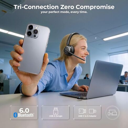 سماعة رأس لاسلكية مع ميكروفون للعمل، دونجل USB A/C، سماعة بلوتوث 6.0 مع ميكروفون AI لإلغاء الضوضاء، سماعات رأس لاسلكية مع كتم صوت ميكروفون و65 ساعة، سماعة رأس لاسلكية للكمبيوتر الشخصي/الكمبيوتر المحمول/الفرق in Saudi Arabia