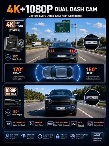 كاميرا داش كام أمامية وخلفية بدقة 4K+1080P، كاميرا Osmo Dashcam Pro مع رؤية ليلية STARVIS، كاميرا داش متعددة الفتحات للسيارات، نظام تحديد المواقع العالمي المدمج، مستشعر G وتسجيل حلقي، واي فاي 5.8 جيجا هرتز، مع بطاقة 64 جيجابايت، وضع انتظار 24 ساعة in Saudi Arabia