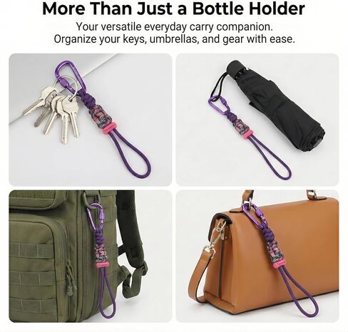 2-Pack Paracord Water Bottle Carrier, Locking Carabiner, Hands-Free Holder for Hiking Walking Backpack, Tactical Loop Fits Standard 16.9oz Plastic Bottles (Rainbow Purple) in Saudi Arabia