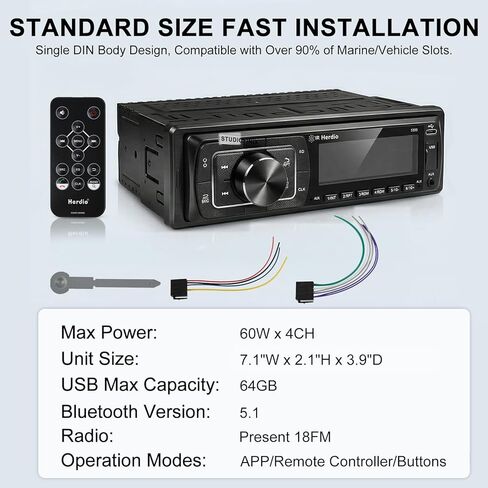 Herdio 240W Bluetooth Marine Stereo Receiver - Single DIN in-Dash AM/FM Radio with USB/AUX/MP3/Built-in Mic for Wireless Music Streaming & Hands-Free Calling (Black) in Saudi Arabia