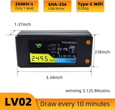 Bitcoin Miner LV02، 250KH/s، 1W منخفض الطاقة USB-C عامل تعدين التشفير مع شاشة 1.9 بوصة و2.4G WiFi، آلة تعدين اليانصيب المنفردة للاستخدام المنزلي والمبتدئين in Kuwait