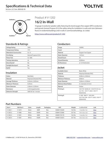 سلك مكبر صوت Voltive 16/2، داخل الحائط CL3، أسود، 1000 قدم - 16AWG، 2 موصلات، نحاس مجدول خالي من الأكسجين، مدرج في قائمة UL - V-1202-3 in Kuwait