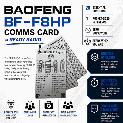 البطاقة المرجعية Baofeng BF-F8HP - دليل تردد مقاوم للماء بقدرة 8 وات لـ HAM وGMRS وFRS وMURS واتصالات الطوارئ | NOAA الطقس، خطة PACE، نغمات CTCSS/DCS | مرجع حقل Prepper EMCOMM | راديو جاهز in Kuwait