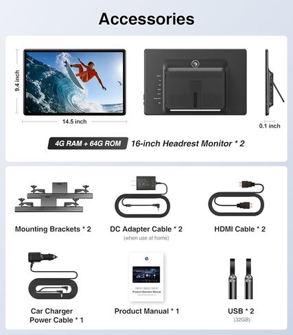 16 inch Android 13 Car Headrest Monitor Screen Car TV Entertainment System for Cars Backseat,Support Phone Wireless Mirroring Sync Screen WiFi HDMI Bluetooth USB SD Video Player (4G+64G (2*pcs)) in Saudi Arabia