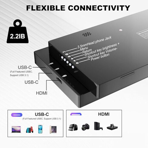 شاشة عرض LCD بشريط ممتد 12.3 بوصة IPS 1920 * 720 شاشة ثانوية، HDMI USBC، شاشة محمولة صغيرة مادة معدنية للكمبيوتر المحمول Windows Aida64 GPU مراقبة ذاكرة الوصول العشوائي CPU، مكبر صوت مدمج in Kuwait