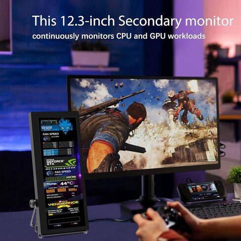 شاشة عرض LCD بشريط ممتد 12.3 بوصة IPS 1920 * 720 شاشة ثانوية، HDMI USBC، شاشة محمولة صغيرة مادة معدنية للكمبيوتر المحمول Windows Aida64 GPU مراقبة ذاكرة الوصول العشوائي CPU، مكبر صوت مدمج in Kuwait