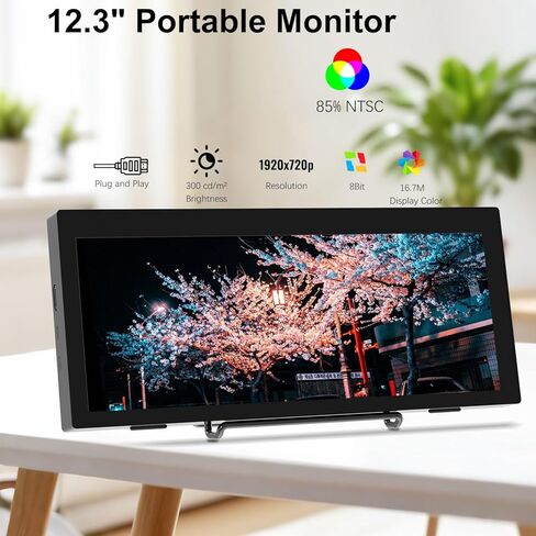 شاشة عرض LCD بشريط ممتد 12.3 بوصة IPS 1920 * 720 شاشة ثانوية، HDMI USBC، شاشة محمولة صغيرة مادة معدنية للكمبيوتر المحمول Windows Aida64 GPU مراقبة ذاكرة الوصول العشوائي CPU، مكبر صوت مدمج in Kuwait